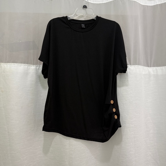 Emory Rose Button Side Ruched Black Solid Tee Size Large Batwing Sleeve - Picture 1 of 9